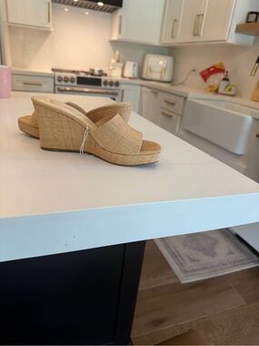 Never Used Jessica Simpson Beige Woven Wedge Slide Sandals